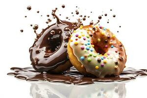 Donuts with chocolate splash isolated on a white background.AI Generated photo