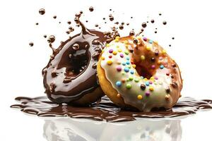 rosquillas con chocolate chapoteo aislado en un blanco fondo.ai generado foto