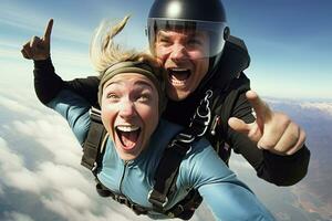 Portrait of a happy couple skydiving in free fall.AI Generated photo