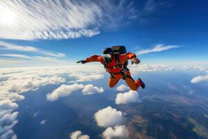 Skydiving. Man in parachute equipment. Skydiving sport. Extreme hobby.AI Generated photo