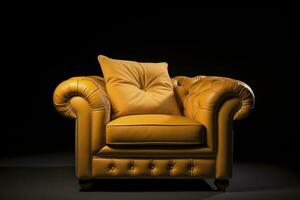 Yellow leather armchair with pillow isolated on black background.AI Generated photo