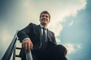 retrato de un joven empresario sentado en el escaleras.ai generado foto