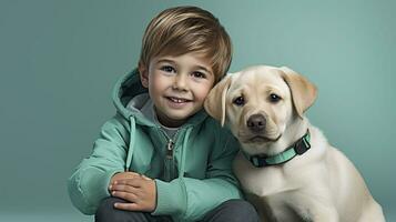 Little boy with labrador puppy on mint background.AI Generated photo