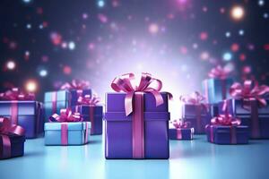 Gift boxes with bow on dark background.AI Generated photo