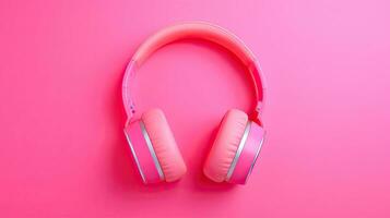 Pink headphones on pink background. Flat lay, top view, copy space.AI Generated photo