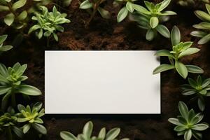 Blank business card on soil background with succulents, top view.AI Generated photo