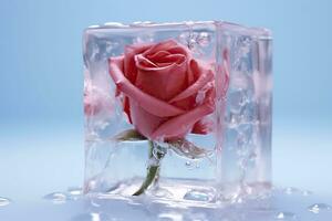 Pink rose in ice cube on a blue background.AI Generated photo