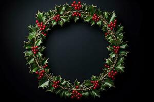 Christmas holly wreath with red berries isolated on black background.AI Generated photo