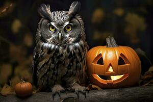Halloween owl with pumpkins on dark background.AI Generated photo