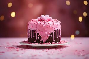 Delicious birthday cake with pink frosting and hearts on a pink background.AI Generated photo