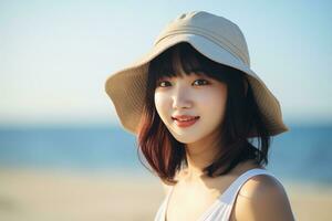 hermosa joven asiático niña vistiendo verano vestir en soleado día ai generativo foto