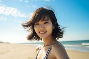 Beautiful young asian girl wearing summer dress in sunny day AI Generative photo