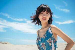 Beautiful young asian girl wearing summer dress in sunny day AI Generative photo