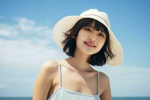 hermosa joven asiático niña vistiendo verano vestir en soleado día ai generativo foto