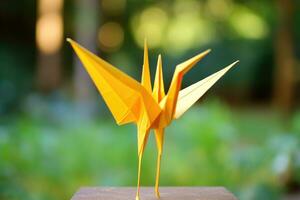 amarillo papel origami grua, ai generado foto