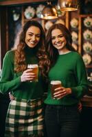 women with beer celebrating Oktoberfest on bar background. AI Generated photo