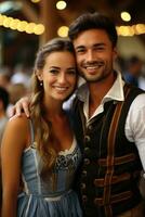 Pareja celebrando Oktoberfest en bar antecedentes. ai generado foto