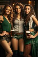 women with beer celebrating Oktoberfest on bar background. AI Generated photo