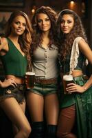 women with beer celebrating Oktoberfest on bar background. AI Generated photo