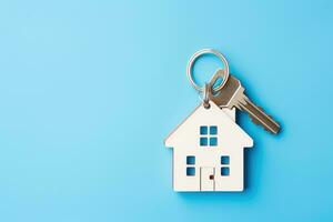 Blank house shaped keychain with two keys, isolated on blue. AI Generated photo