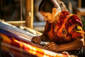 Master weaver is weaving fabric . AI Generated photo