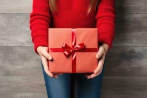 hands holding red gift box , AI Generated photo