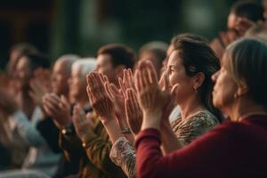 People listening and clapping at conference and presentation. AI Generated photo