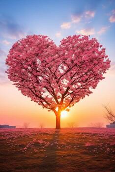 Red Heart Shaped Tree on sunset. AI Generated photo
