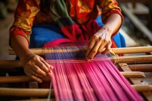 Master weaver is weaving fabric . AI Generated photo