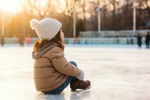 cute child wearing winter clothes and ice skates sitting on ice rink. AI Generated photo