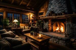 a cozy rustic home interior with fireplace AI Generative photo