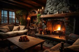 a cozy rustic home interior with fireplace AI Generative photo