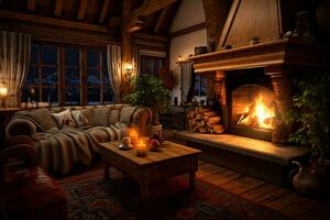 a cozy rustic home interior with fireplace AI Generative photo
