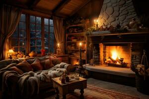 a cozy rustic home interior with fireplace AI Generative photo