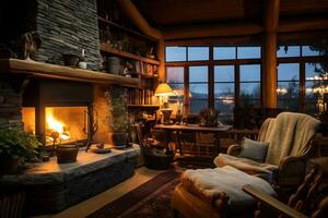 a cozy rustic home interior with fireplace AI Generative photo