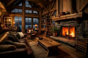 a cozy rustic home interior with fireplace AI Generative photo