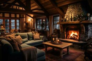 a cozy rustic home interior with fireplace AI Generative photo