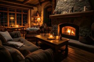 a cozy rustic home interior with fireplace AI Generative photo