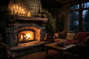 a cozy rustic home interior with fireplace AI Generative photo