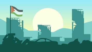Palestine landscape vector illustration. Silhouette of destroyed buildings at morning with palestine flag. Landscape illustration of destroyed city for background or wallpaper
