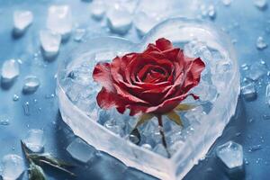 Red rose with ice cubes in the shape of a heart on blue background.AI Generated photo