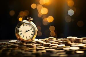 hora es dinero concepto. reloj y monedas en dorado bokeh fondo.ai generado foto