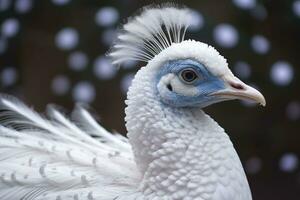 White peacock with blue eyes and white feathers close-up.AI Generated photo