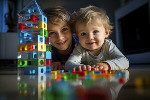 Cute little boys playing with colorful building blocks at home.AI Generated photo