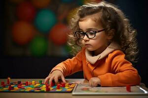 linda pequeño niña en lentes jugando con vistoso de madera bloques a casa.ai generado foto