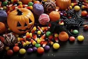 Halloween candies and sweets on black wooden background.AI Generated photo