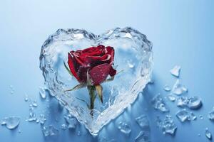 Red rose in ice cube on blue background. Valentines day concept.AI Generated photo