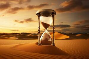 Sandglass in the desert. Time concept.AI Generated photo