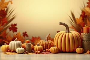 Autumn background with pumpkins and leaves.AI Generated photo