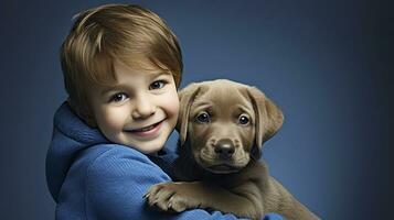 pequeño chico con Labrador perrito en azul fondo.ai generado foto